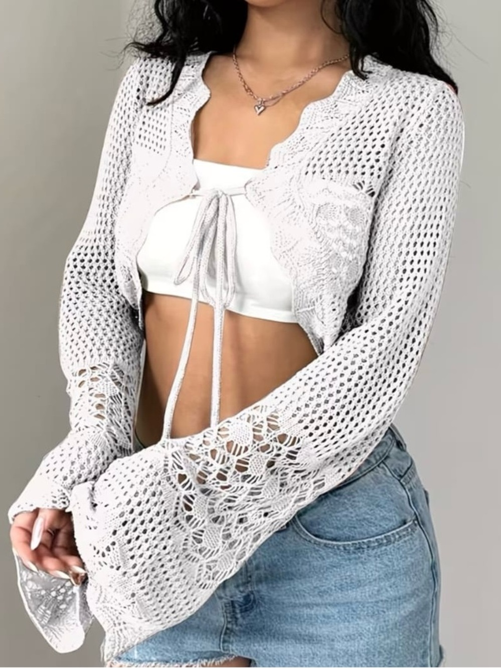 White Crochet style Tie-Front Cardigan